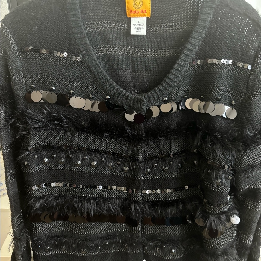 Ruby Rd Black V-Neck Sweater with Metallic Embellishments